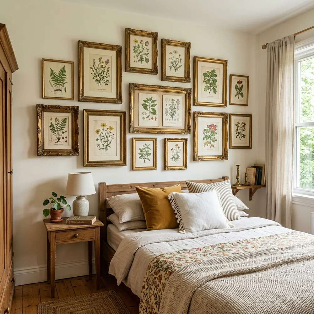 Gallery wall above the bed featuring thrifted gold frames with natural botanical prints
