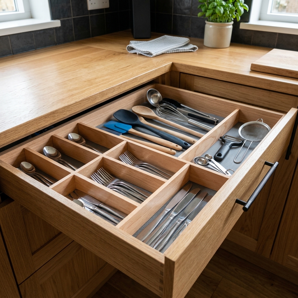 Deep kitchen drawer pulled open showing wooden organization dividers with cutlery and tools