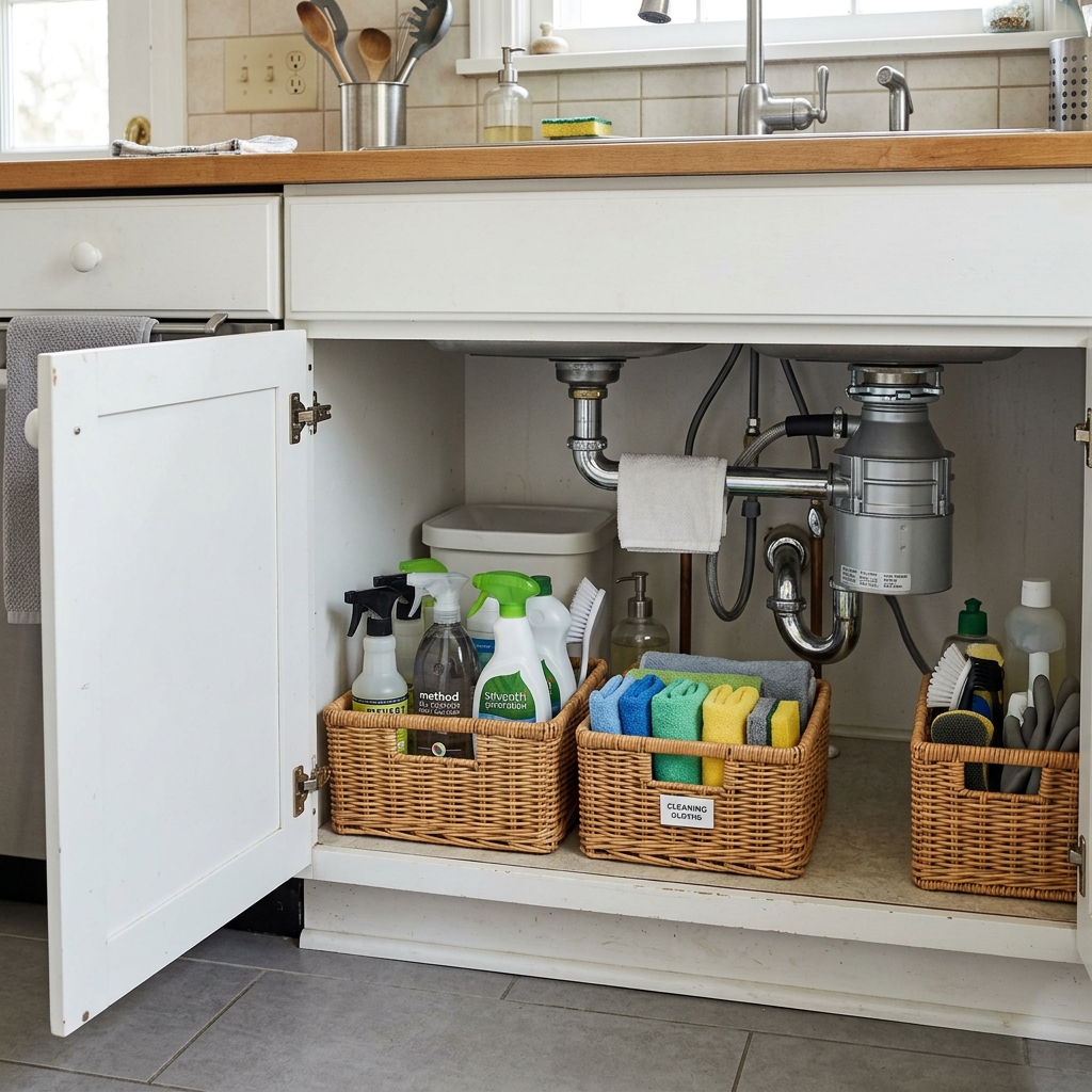 Under-sink storage cabinet open showing matching wicker baskets organizing cleaning supplies