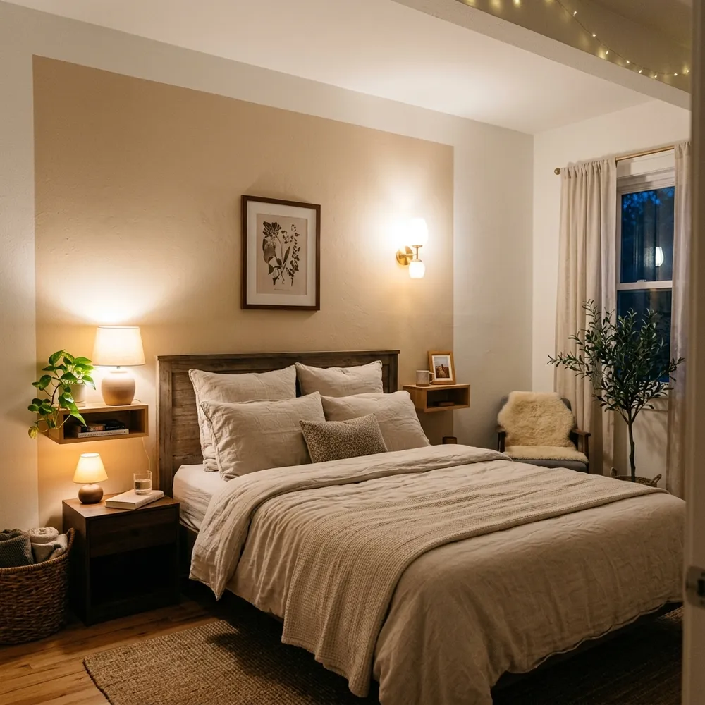 A warm and quiet small bedroom with a soft beige accent wall behind the bed