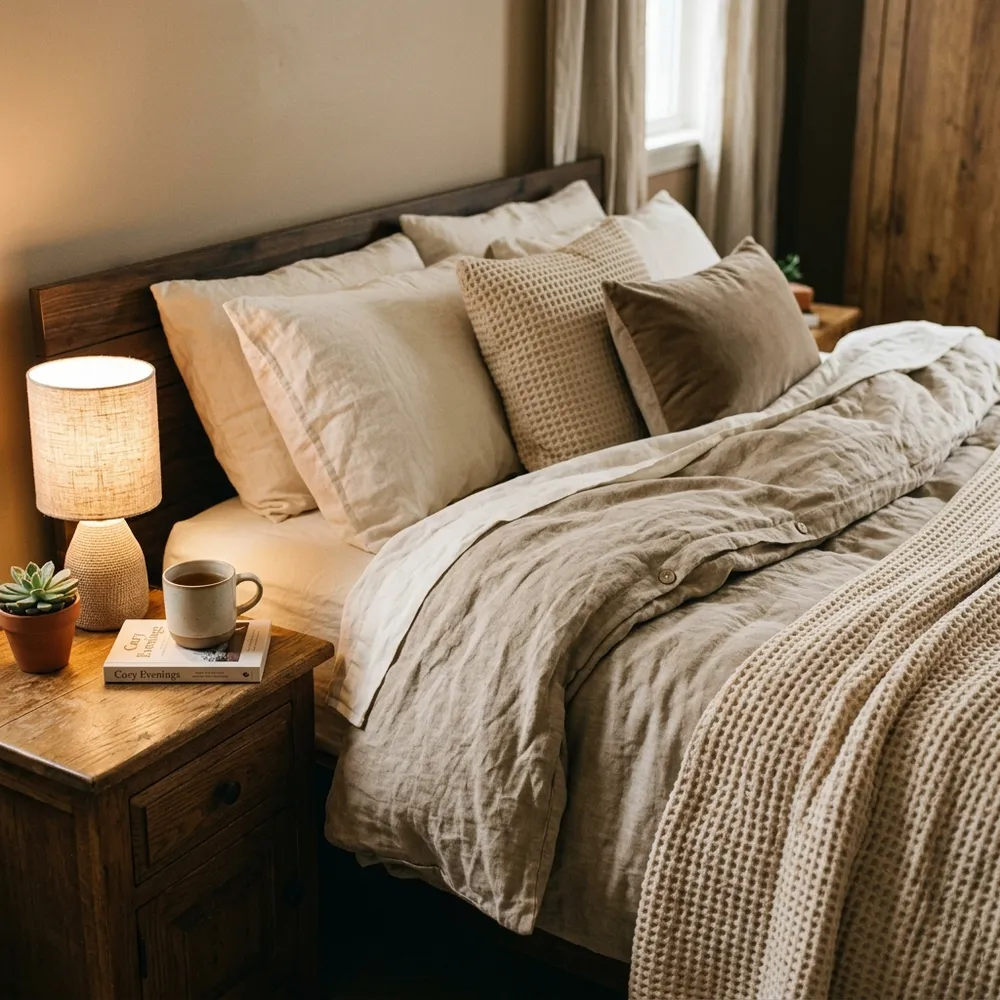 Close-up of a cozy bed layered with beige and cream linen bedding and knitted throws