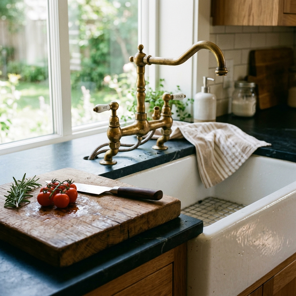 Close-up of a vintage brass bridge faucet and fireclay farmhouse sink with wood details