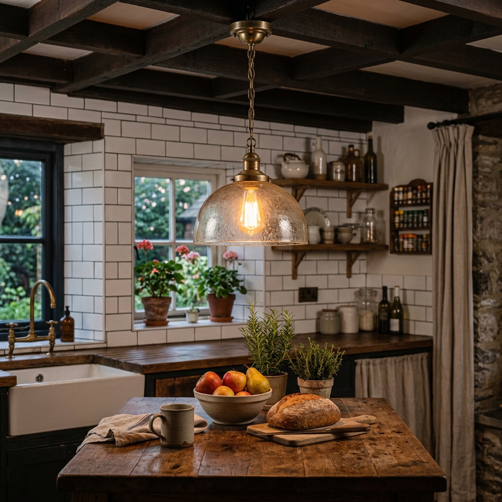 Warm kitchen island with an antique glass pendant light throwing a cozy glow over bread and mugs